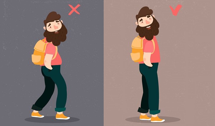 Saúde da coluna: ilustração de homem com a postura curva e ereta com mochila nas costas
