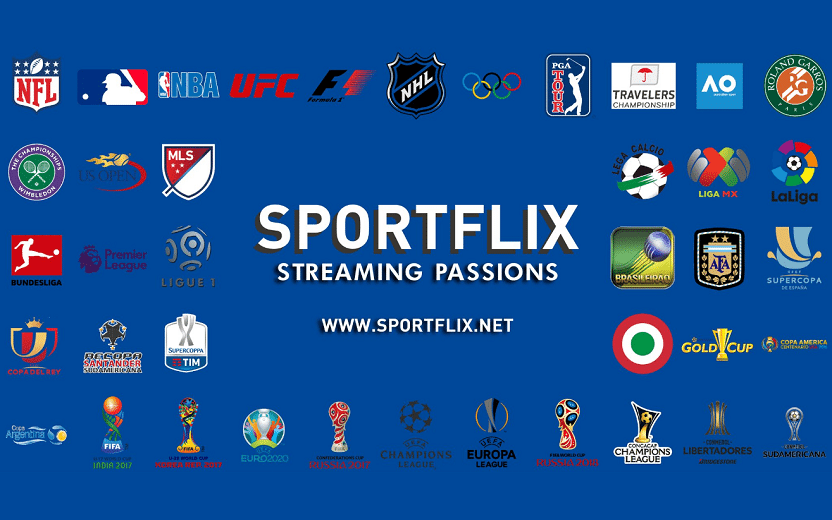 Sportflix, serviço esportivo. Na foto, o logo dos campeonatos transmitidos, exemplos são Brasileirão, Olimpíadas e UFC