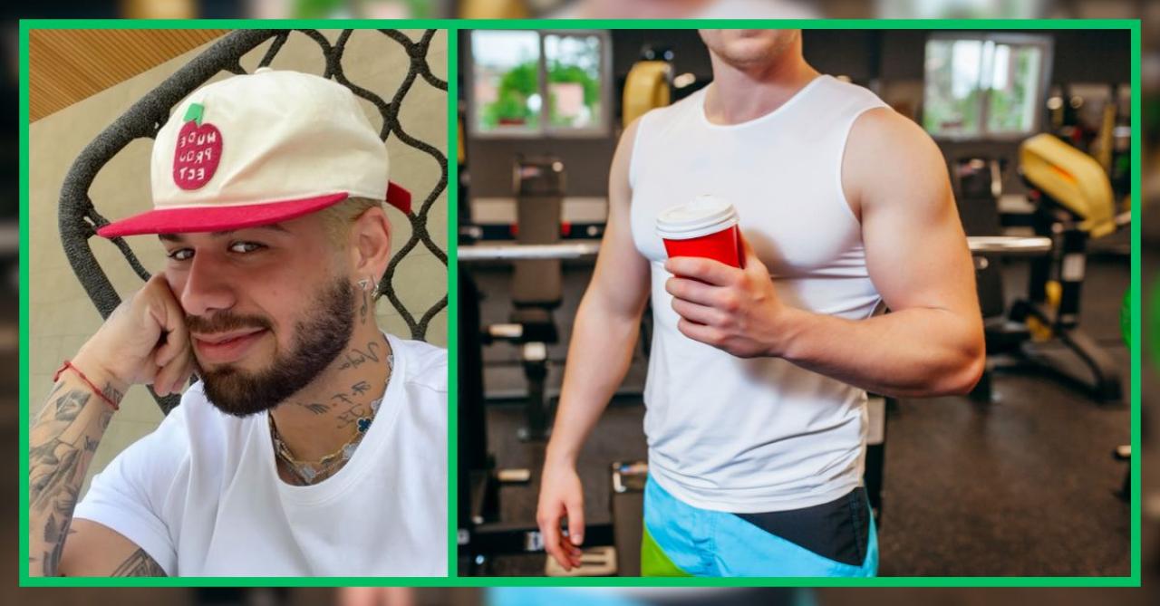 Zé Felipe sorri em selfie e homem com copo de café mostra braços definidos na academia, simbolizando o impacto de parar de beber no ganho de músculos.