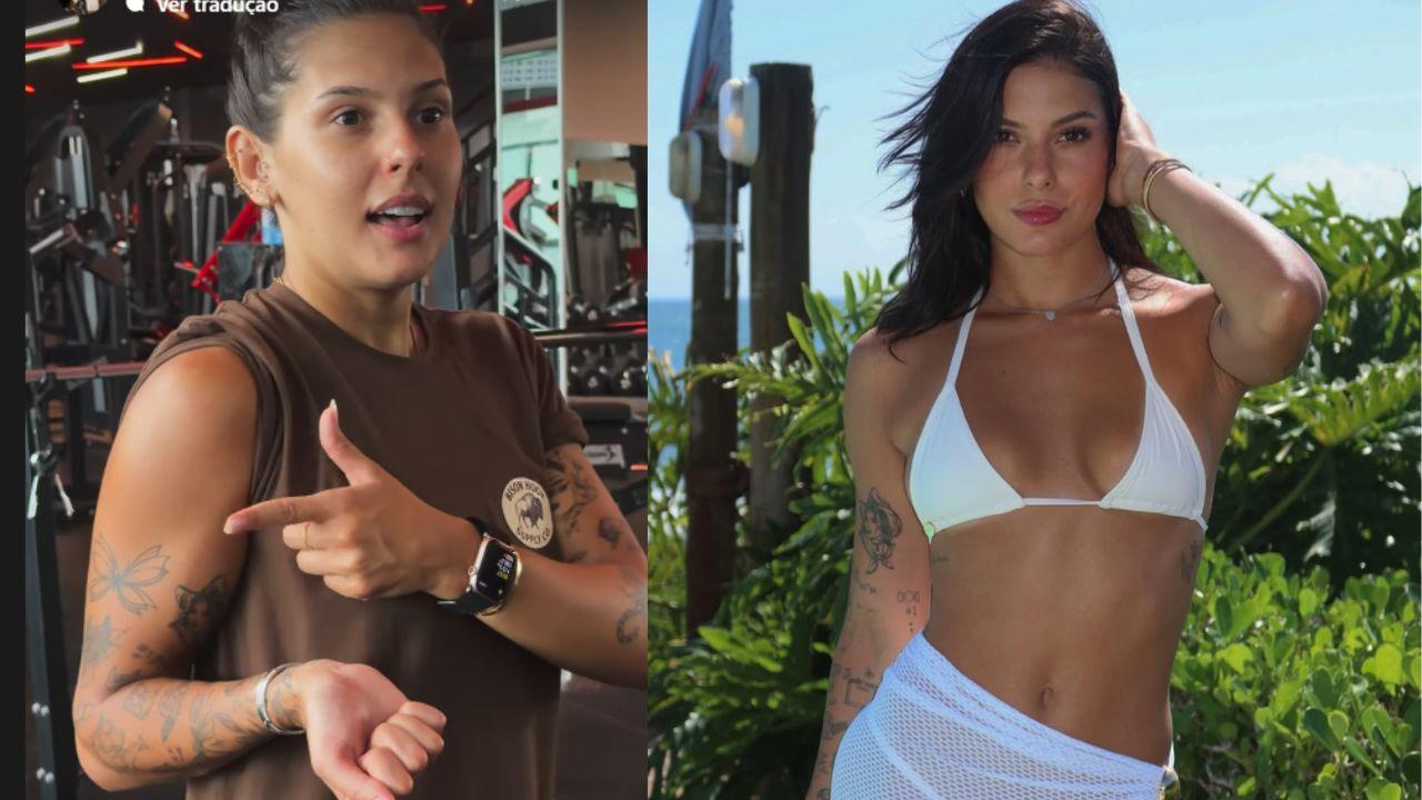 Ana Castela nas duas imagens. Na primeira, ela está na academia mostrando o braço, na segunda ela está com biquíni branco e cabelo solto.