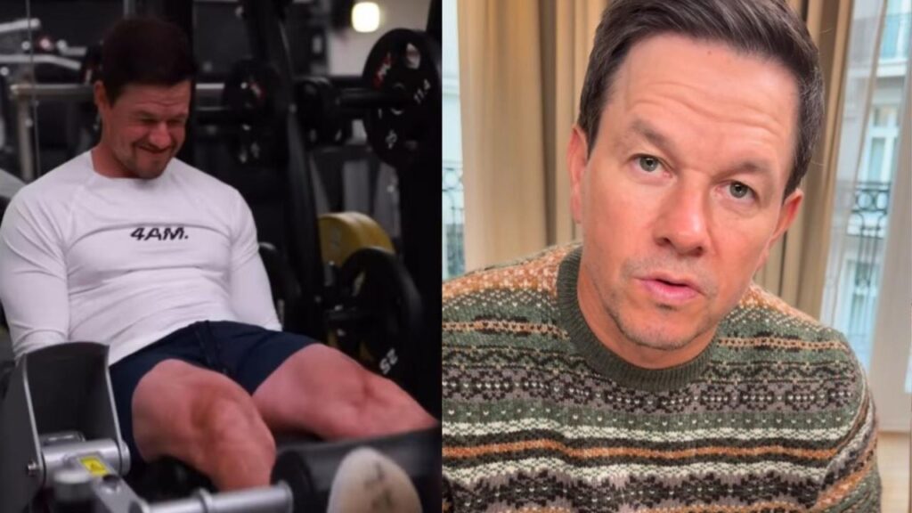 Fotografia de Mark Wahlberg na academia ao lado de outra foto dele de rosto