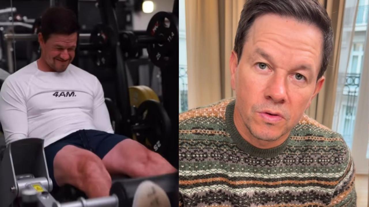 Fotografia de Mark Wahlberg na academia ao lado de outra foto dele de rosto