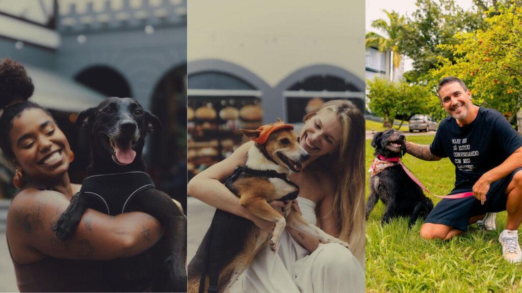 Imagem de três fotos. Cachorros no colo de pessoas famosas. Dois são pretos, e um branco e caramelo.