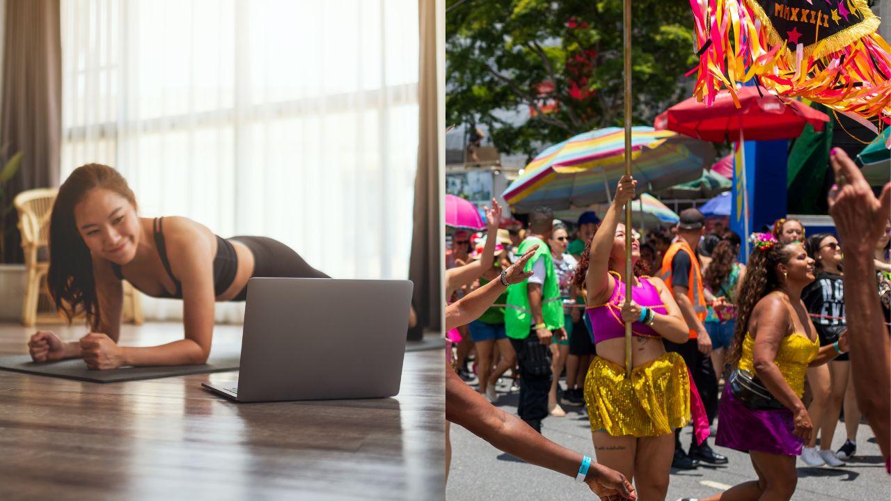 Mulher fazendo exercício em casa e um bloquinho de Carnaval na rua, representando o equilíbrio entre treino e lazer durante o feriado.