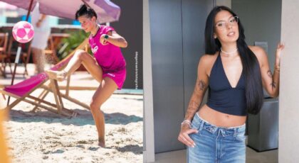 Fotos da Ana Castela. Ela está jogando futevôlei na quadra de areia.