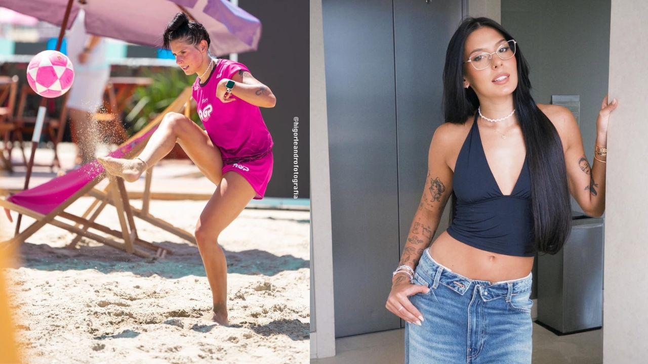 Fotos da Ana Castela. Ela está jogando futevôlei na quadra de areia.