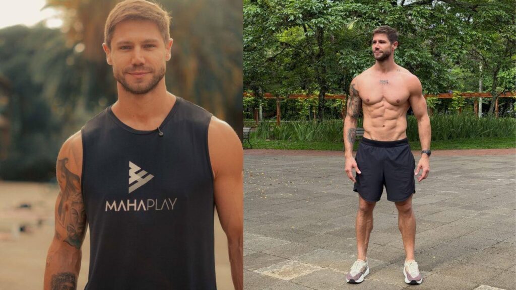 Jonas Sulzbach nas duas fotos. Homem branco, loiro, cabelo curto liso, na primeira foto ele usa camiseta preta e na segunda foto está sem camisa mostrando um abdômen trincado.
