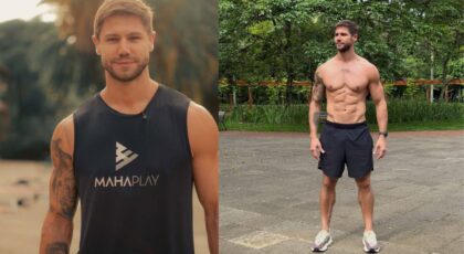 Jonas Sulzbach nas duas fotos. Homem branco, loiro, cabelo curto liso, na primeira foto ele usa camiseta preta e na segunda foto está sem camisa mostrando um abdômen trincado.