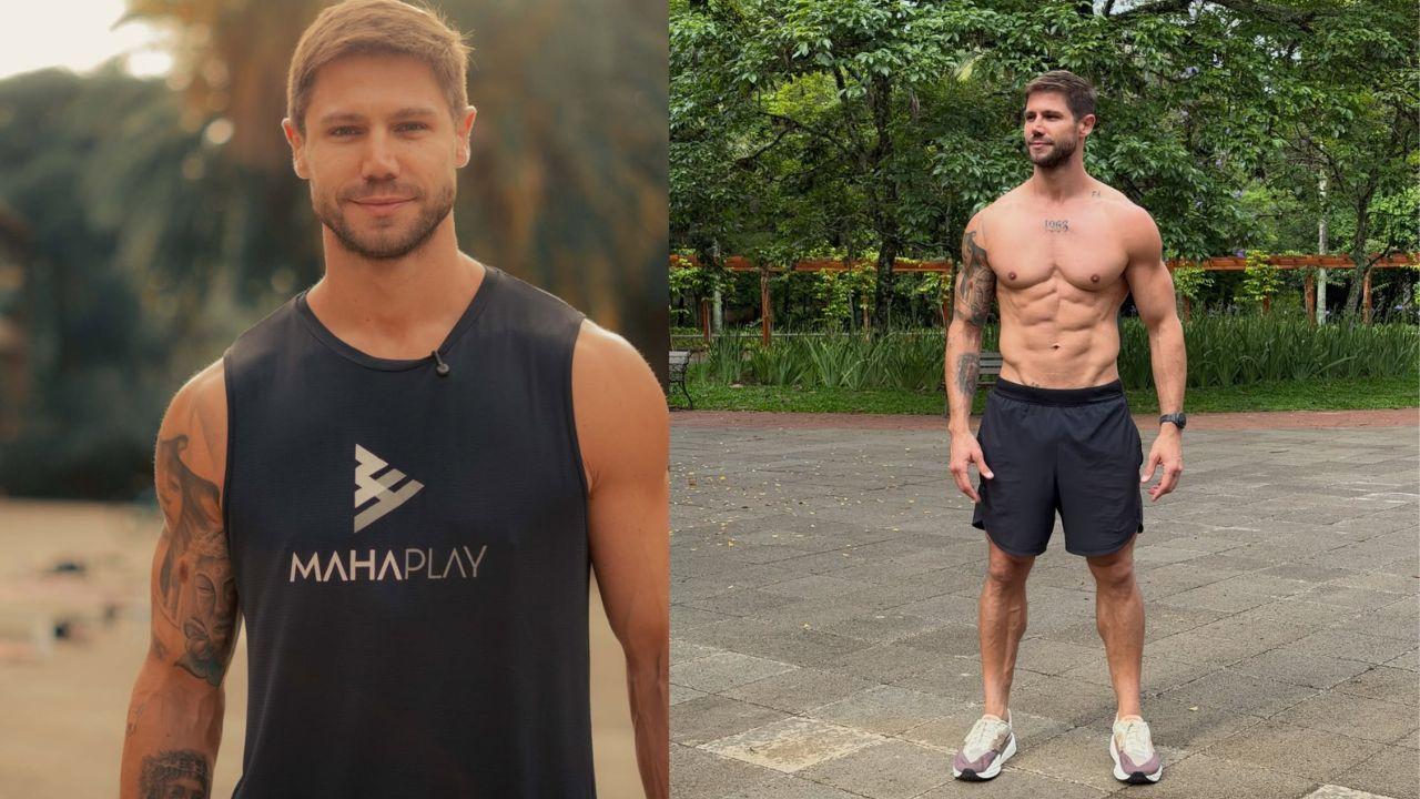 Jonas Sulzbach nas duas fotos. Homem branco, loiro, cabelo curto liso, na primeira foto ele usa camiseta preta e na segunda foto está sem camisa mostrando um abdômen trincado.