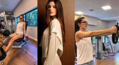 Montagem de três fotos. Camila Queiroz fazendo exercícios.
