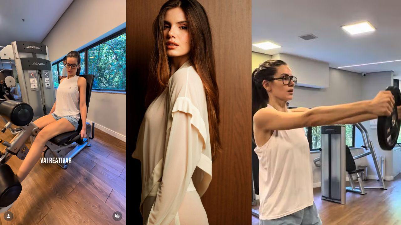 Montagem de três fotos. Camila Queiroz fazendo exercícios.
