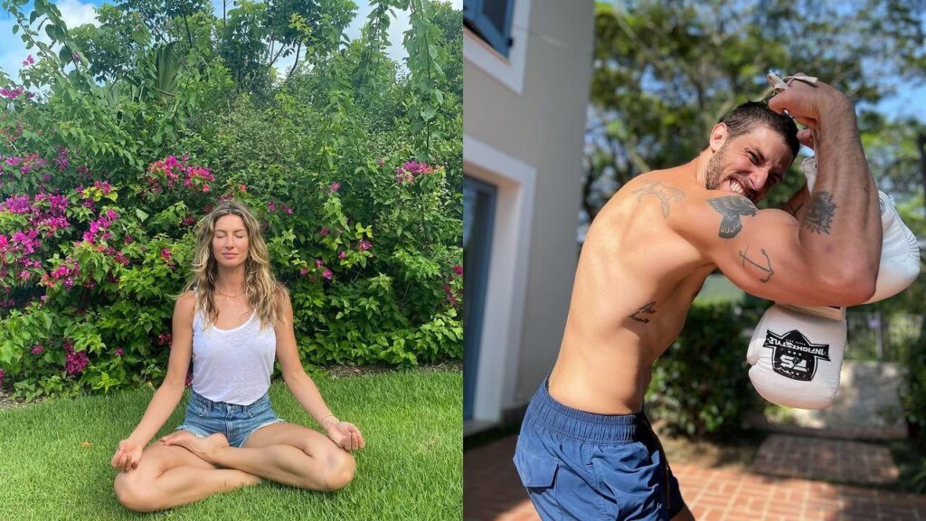 Montagem de fotos. À esquerda, Gisele meditando; à direita, Chay flexionando o biceps