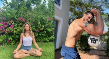 Montagem de fotos. À esquerda, Gisele meditando; à direita, Chay flexionando o biceps