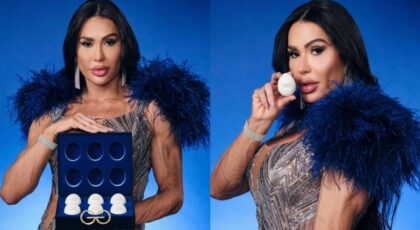 Montagem de duas fotos de Gracyanne Barbosa com ovos