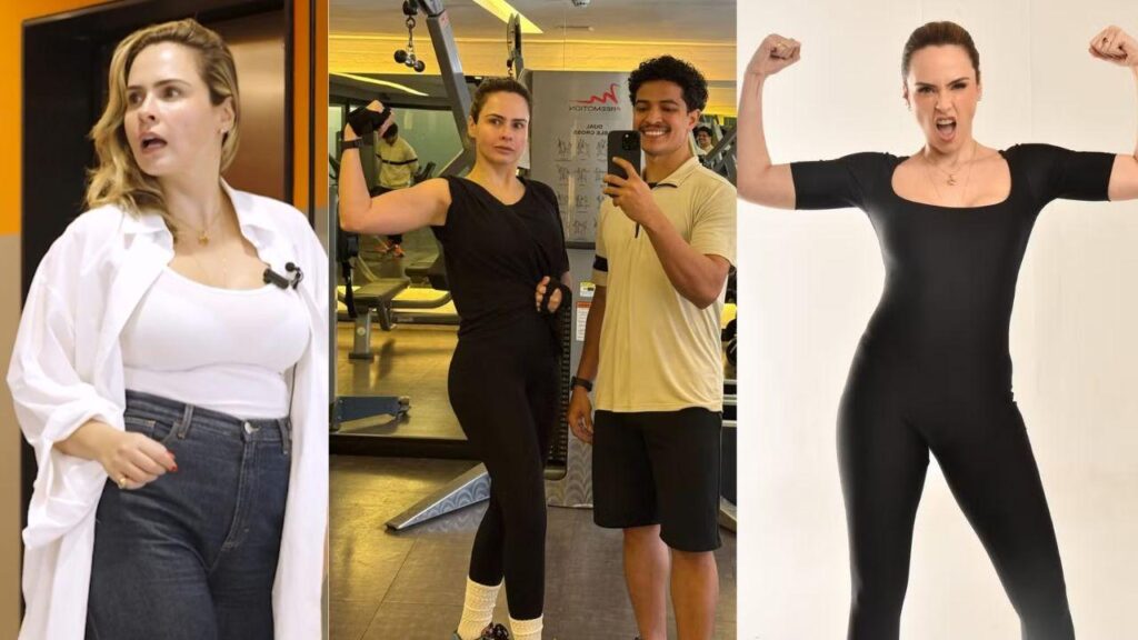 Montagem de três fotos. Ana Paula do BBB nas 3 mostrando o antes e depois de emagrecer.