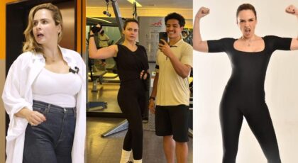 Montagem de três fotos. Ana Paula do BBB nas 3 mostrando o antes e depois de emagrecer.