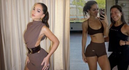 Montagem de duas fotos. Mel Maia com roupa de treino e magra.