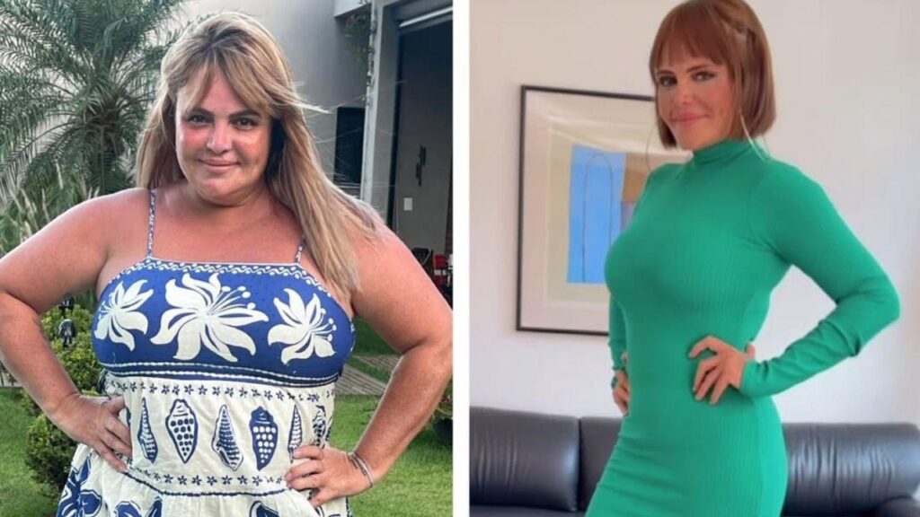 Montagem de duas fotos. Valentina Francavilla gorda e depois magra.