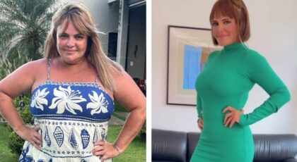Montagem de duas fotos. Valentina Francavilla gorda e depois magra.