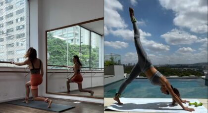 Montagem de duas fotos de Fernanda Marotti fazendo barre