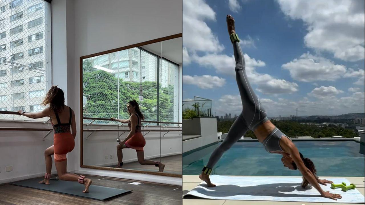 Montagem de duas fotos de Fernanda Marotti fazendo barre