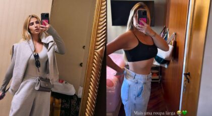 Montagem de duas fotos. Influencer Jéssica Beatriz Costa, mulher branca, cabelo loiro, liso, mostrando o emagrecimento.