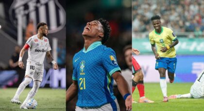 Três fotos. Neymar, Endrick e Vini Jr. com uniformes no campo de futebol jogando bola.