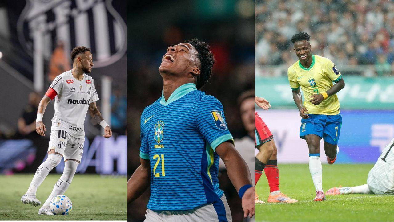 Três fotos. Neymar, Endrick e Vini Jr. com uniformes no campo de futebol jogando bola.