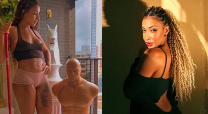 Montagem de duas fotos. Mulher negra, cabelo cacheado longo com o corpo bem malhado.
