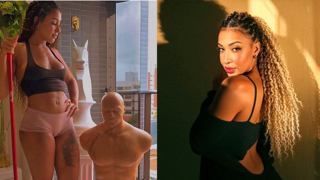 Montagem de duas fotos. Mulher negra, cabelo cacheado longo com o corpo bem malhado.