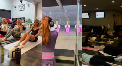 Montagem de três fotos de mulheres fazendo pilates e atirando com armas.