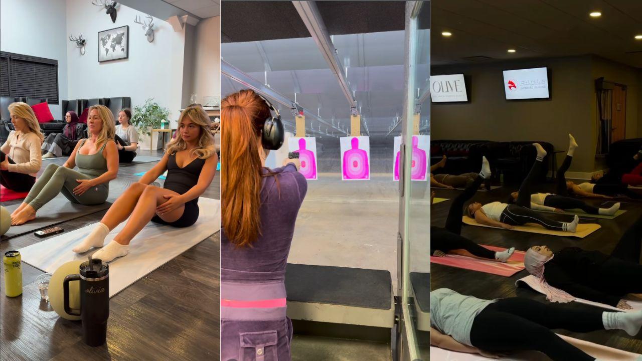 Montagem de três fotos de mulheres fazendo pilates e atirando com armas.