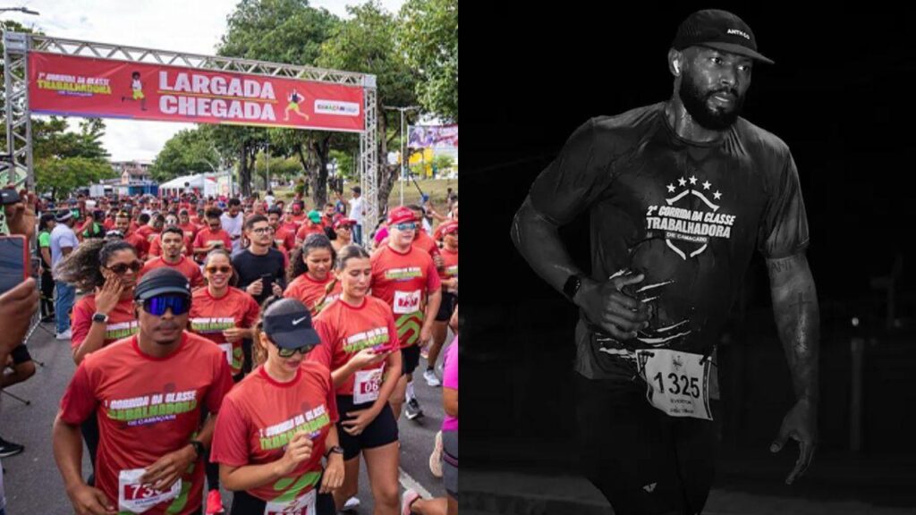 Montagem de duas fotos. À esquerda, a linha de largada da Corrida dos Trabalhadores, em Camaraçi. À esquerda, Ewerton Vieira, vítima de mal súbito durante corrida