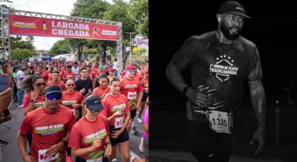 Montagem de duas fotos. À esquerda, a linha de largada da Corrida dos Trabalhadores, em Camaraçi. À esquerda, Ewerton Vieira, vítima de mal súbito durante corrida