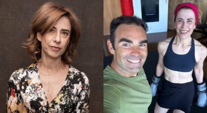 Montagem de duas fotos de Fernanda Torres, à direita, com seu personal, Chico Salgado