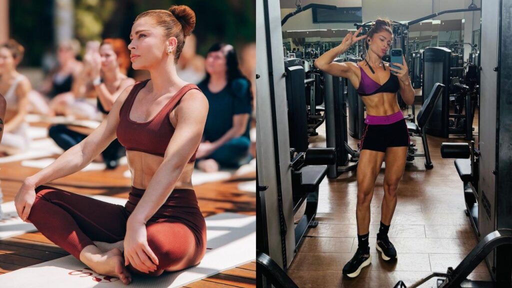 Montagem de duas fotos de Grazi Massafera com roupa de academia e o tanquinho aparecendo