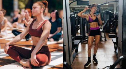Montagem de duas fotos de Grazi Massafera com roupa de academia e o tanquinho aparecendo