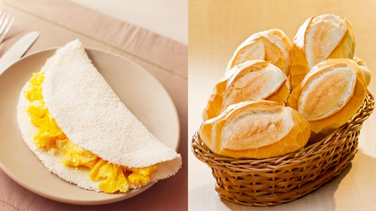 Montagem de duas fotos. À esquerda, uma tapioca com ovo mexido; à direita, uma cesta de pão francês