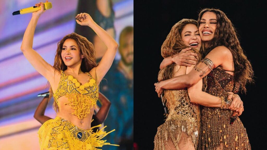 Montagem de duas fotos. À esquerda, Shakira no show de Copacabana. À direita, Shakira e Anitta no show de Copacabana