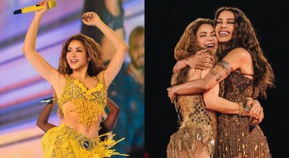 Montagem de duas fotos. À esquerda, Shakira no show de Copacabana. À direita, Shakira e Anitta no show de Copacabana