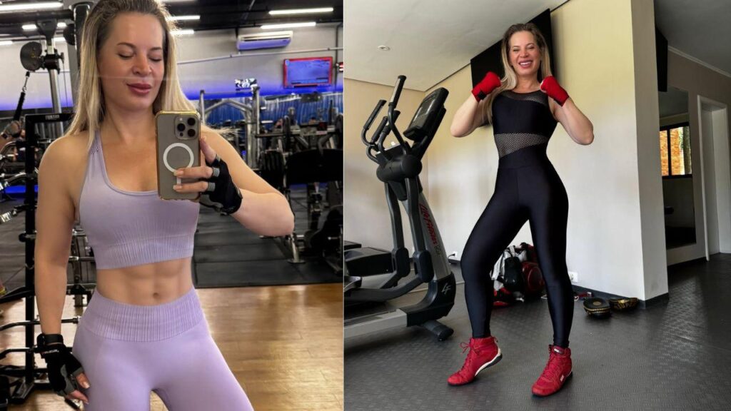 Montagem de duas fotos. Joice Hasselmann com roupa de academia mostrando o abdômen.