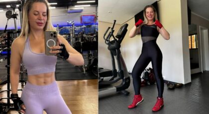 Montagem de duas fotos. Joice Hasselmann com roupa de academia mostrando o abdômen.