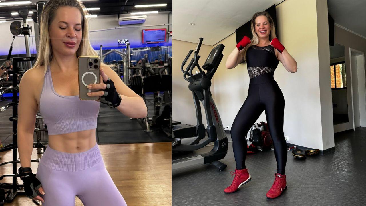 Montagem de duas fotos. Joice Hasselmann com roupa de academia mostrando o abdômen.