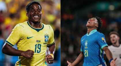 Montagem de duas fotos do Endrick usando a camiseta da seleção dentro de campo.