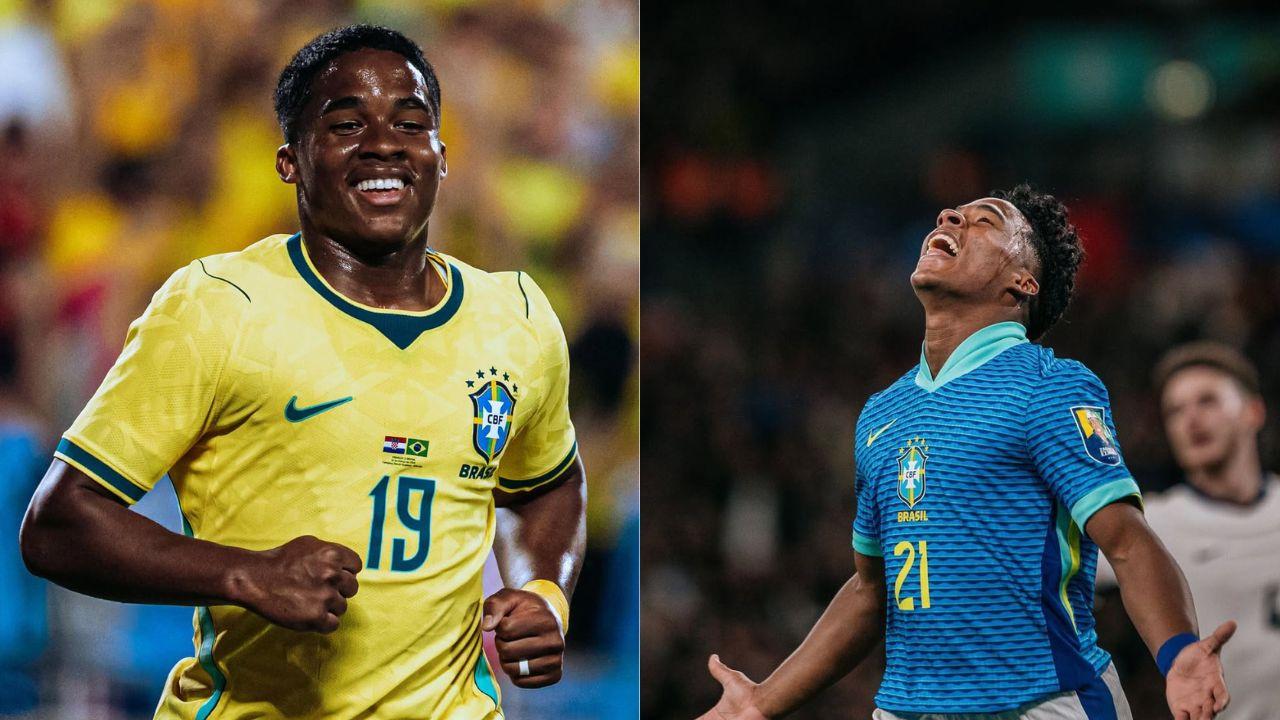 Montagem de duas fotos do Endrick usando a camiseta da seleção dentro de campo.