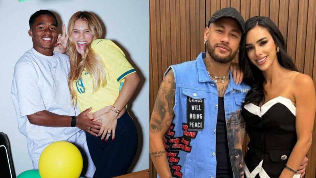 Montagem de duas fotos. Endrick e Gabriely. Neymar e Bruna.