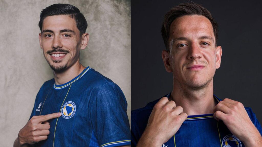 A imagem mostra dois jogadores de futebol da Bósnia. Dennis Hadžikadunić e Amir Hadžiahmetović.
