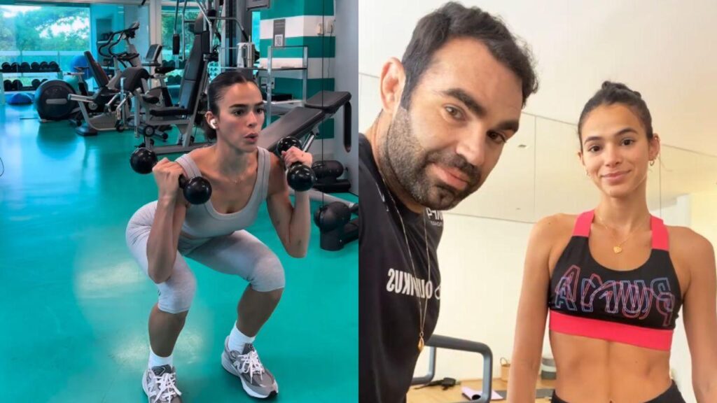 Montagem de duas fotos. À esquerda, Bruna Marquezine agachando com dois halteres nas mãos. À direita, ela e Chico Salgado, seu personal
