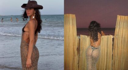 Montagem de duas fotos de Bruna Marquezine usando uma saída de praia por cima do biquini; à direita ela está de costas