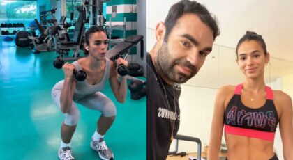 Montagem de duas fotos. À esquerda, Bruna Marquezine agachando com dois halteres nas mãos. À direita, ela e Chico Salgado, seu personal